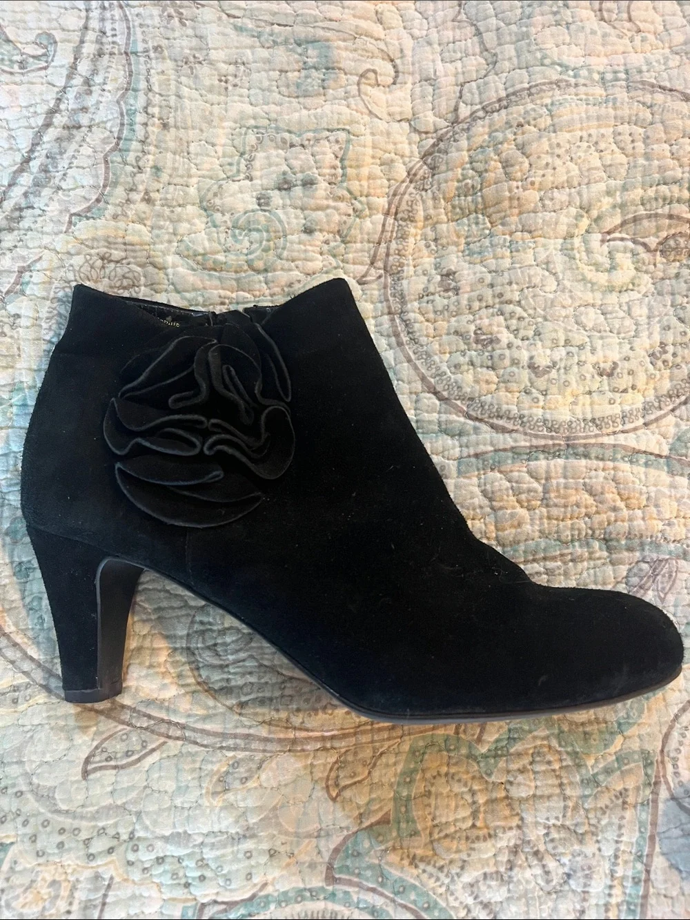 Laura Ashley Black Suede Floral Accent Women's Ankle Boots